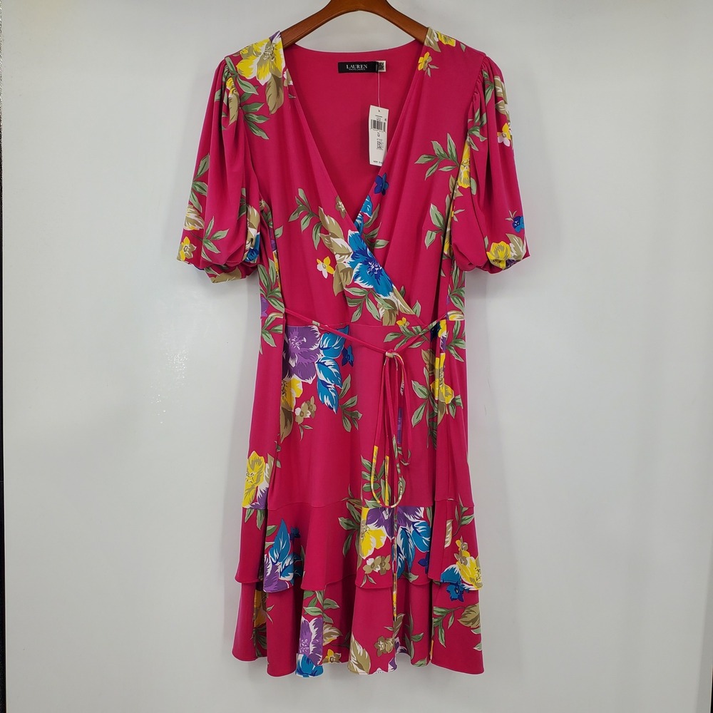 Lauren Ralph Lauren Pink Floral Faux Wrap Valayna Dress Ruffle Hem Jersey New 12
